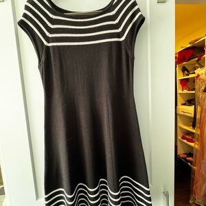 Eliza J Black Midi Dress with White Striped Yoke and Hem